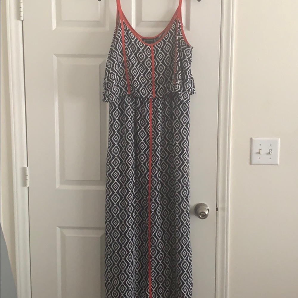 Navy, red, and white maxi dress